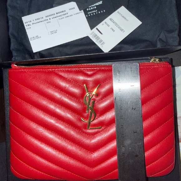 Yves Saint Laurent Red Clutch with Gold Logo - Picture 9 of 10